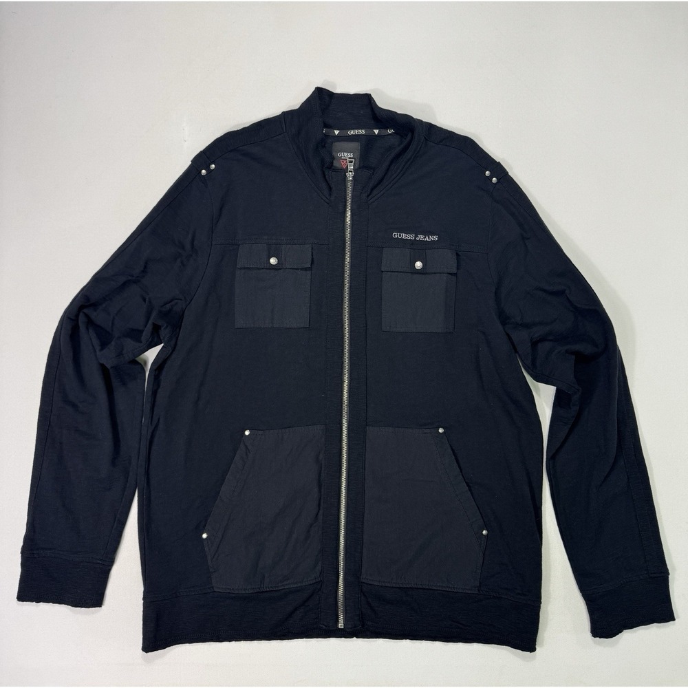 Guess Mens 2XL Black Full Zip Jacket Lightweight Pockets Streetwear Casual Knit